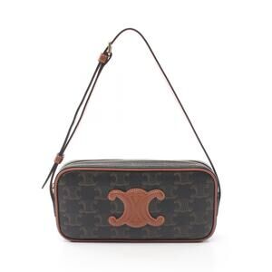Celine Triomphe Shoulder Bag Canvas Leather Black Brown
